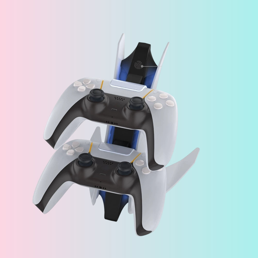 Cargador doble para controles PS5 (estilo avión) – Base de carga para controles inalámbricos PS5 con luz azul TP5-0557