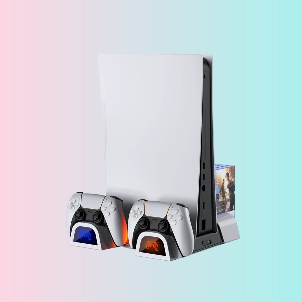 Soporte de refrigeración para consola PS5_Cargador de doble mando_Estante de almacenamiento de discos multifuncional para la base de la consola