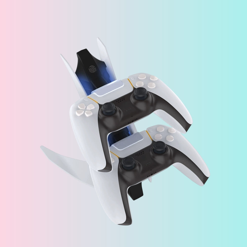 Cargador doble para controles PS5 (estilo avión) – Base de carga para controles inalámbricos PS5 con luz azul TP5-0557